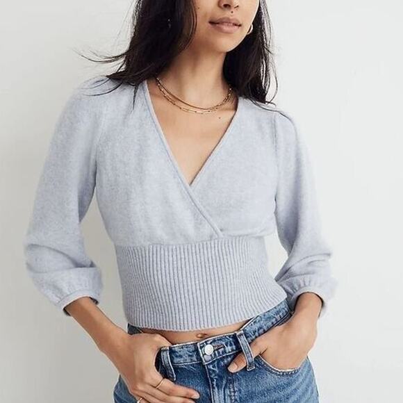 Madewell Size S Merino Wool Blend Sweater Cozy Yarn Surplice Blue - Picture 2 of 11